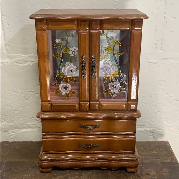 Vintage Wood Jewelry Box w/Hand painted Glass Door